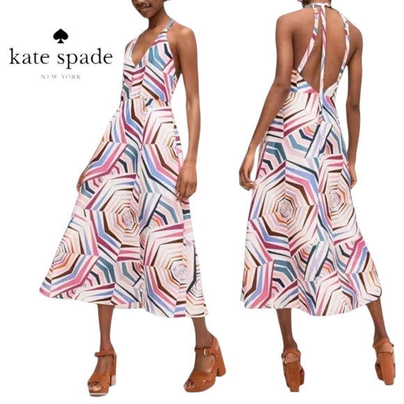 NWT Kate Spade Dress Geobrella Silk Linen Halter Multicolor A Line 6 - Picture 1 of 13